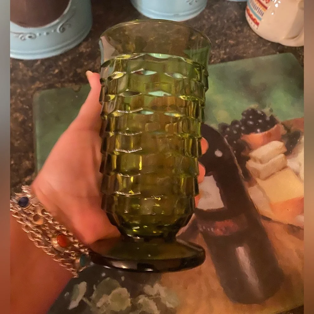 Single 70's VTG Green Indiana Whitehall Cubist Ice Tea Water Glasses 6